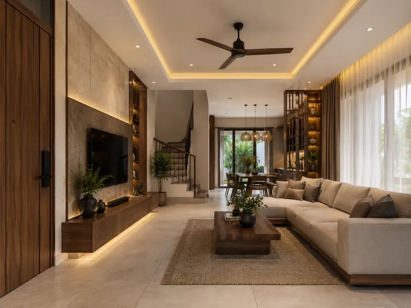Interior Rumah Modern Kayu & Krem